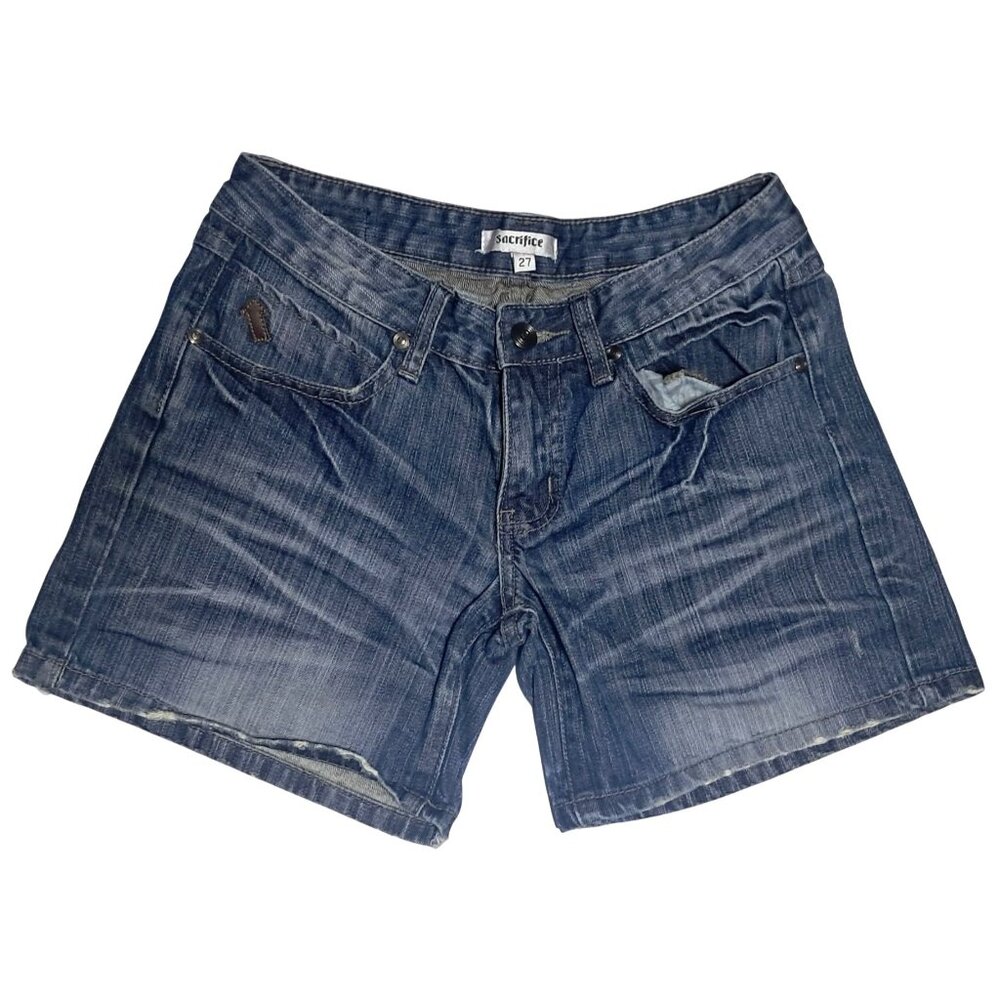 Sacrifice Denim Shorts Womens‎ 27 Blue Low Rise Stretch Whiskered Embroidered
